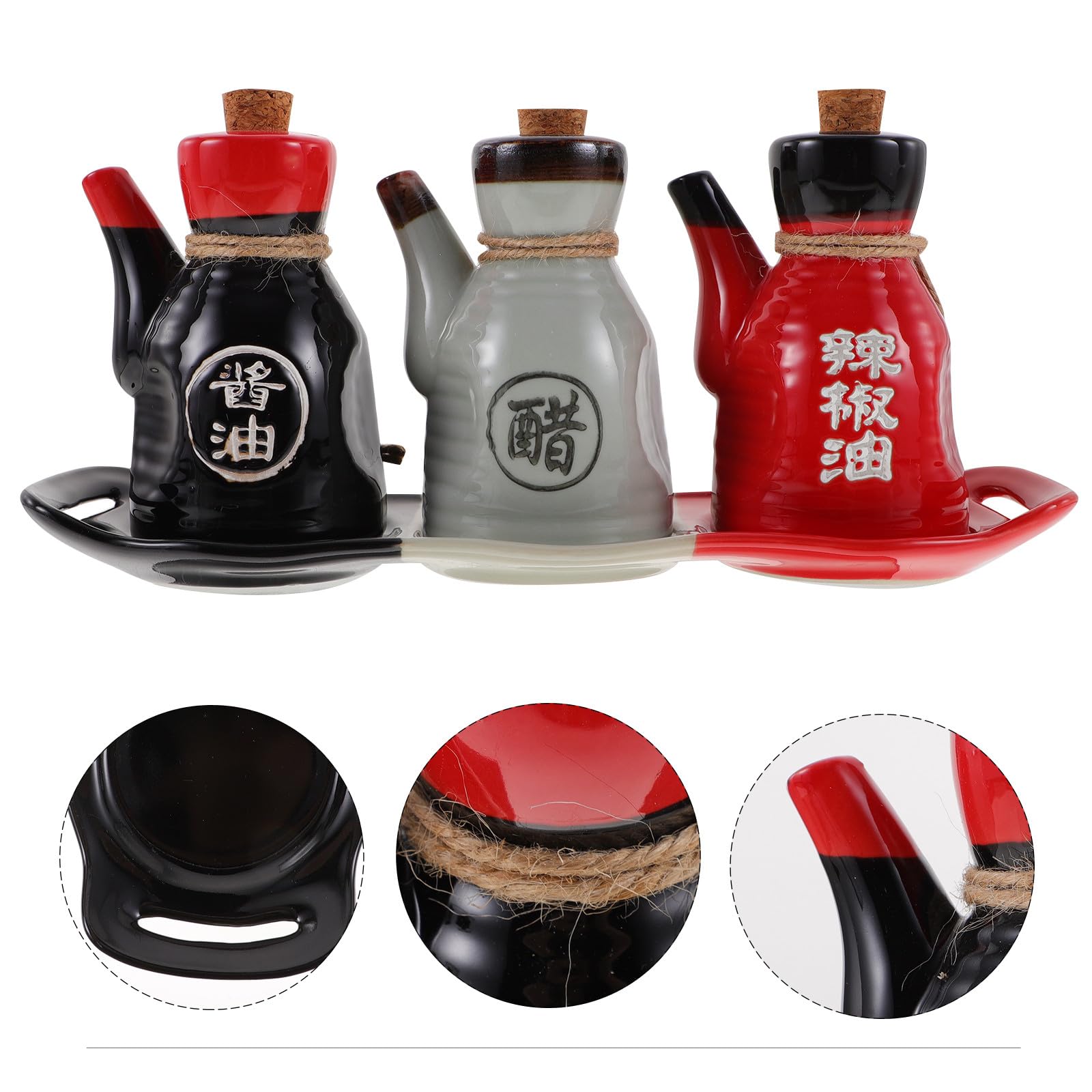 Juego de Dispensador de Vinagre y Aceite con Tapa de Corcho y Bandeja de Cerámica Japonesa 200ml, Diseño Delicado y Funcional para Cocina