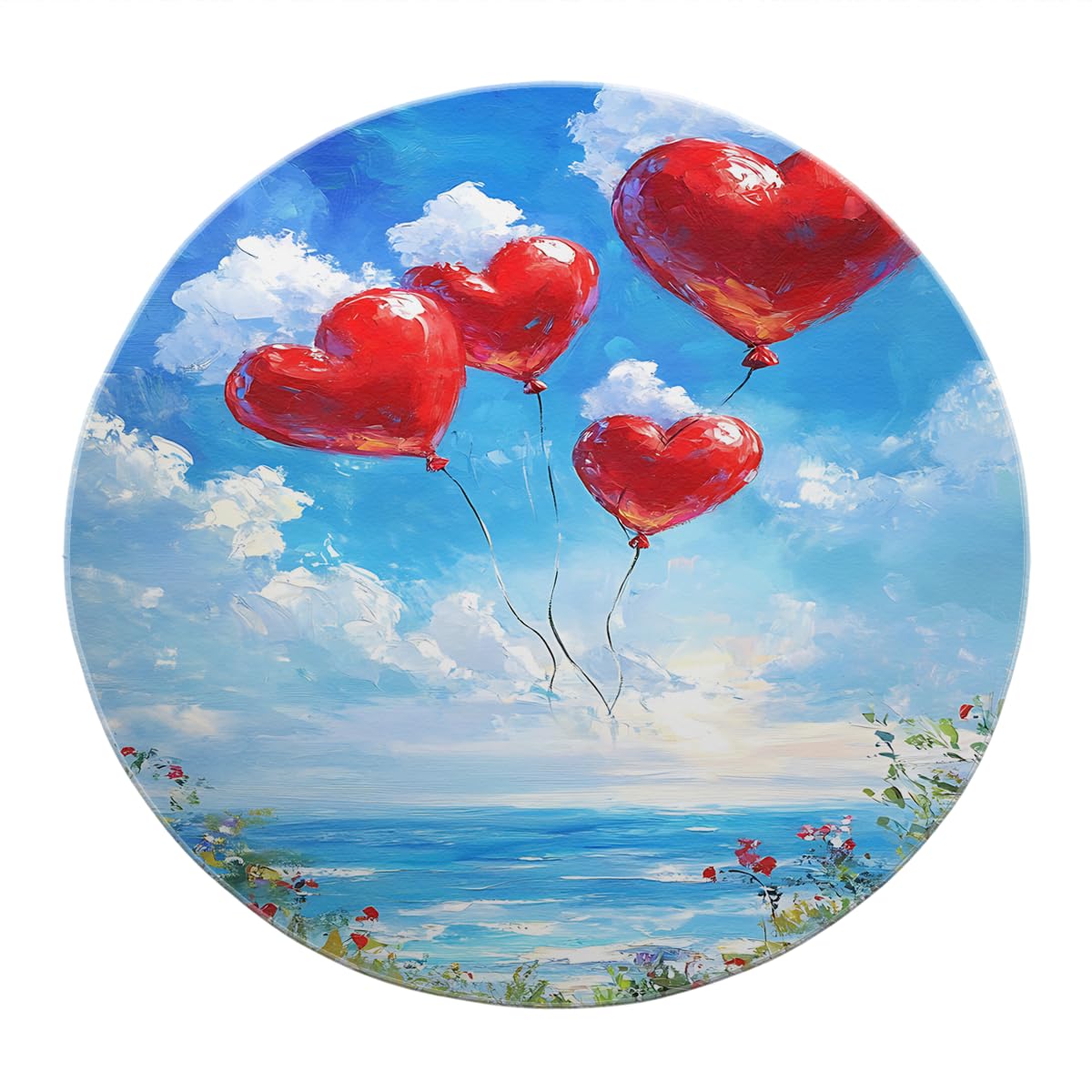 Romantyczne niebo oceaniczne czerwone balony w kształcie serca, okrągły dywan 120 cm (okrągły), kolorowe kwiaty, z nadrukiem, antypoślizgowy, do salonu i sypialni