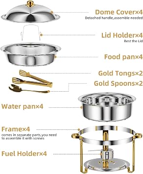 HAAYOT 6.8 Litre 4 Pack Chafing Dish for Buffet, Chafing Dish Buffet Set of 4, Round Stainless Steel 6QT Chafing Dishes and Food Warmers, Buffet Trays for Any Parties