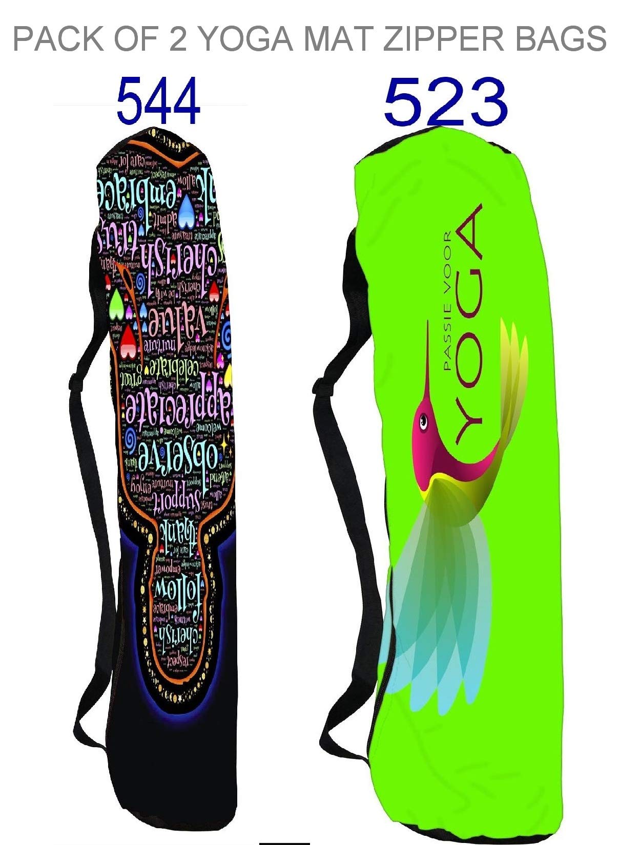 Orgner Pack of Two Yoga Mat Bags Carrier Patterned Printed Poly Canvas Shoulder Strap Size. Fits Standrad and Thick Mats. Ziper Closer. Ref : 1492