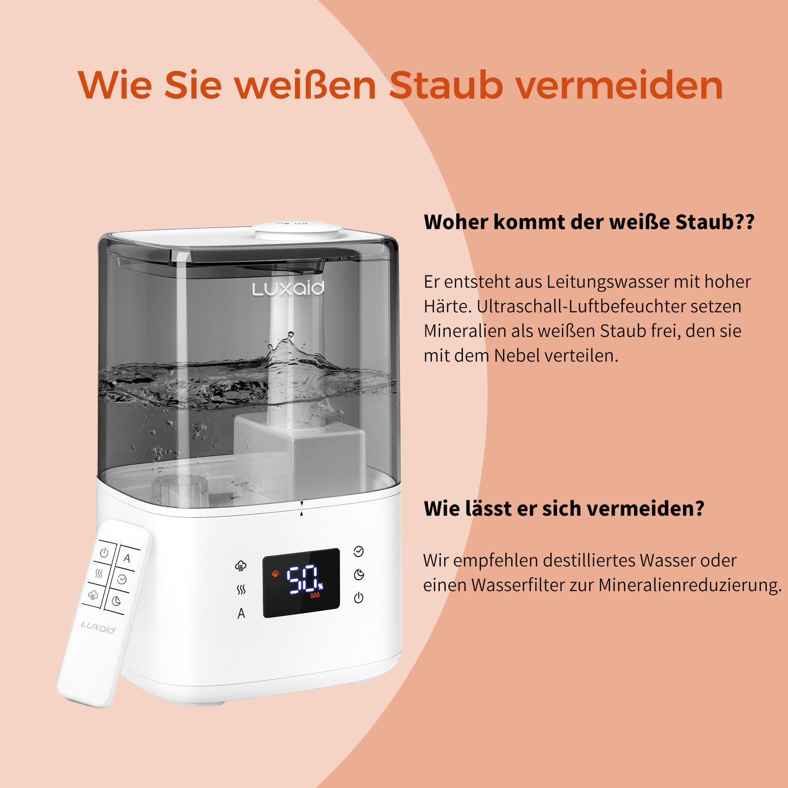 4,5L Luxaid Warm- und Kaltnebel Luftbefeuchter Schlafzimmer Große Räume mit Fernbedienung & Hygrostat, 28dB Leise Humidifier for Bedroom Baby, Top-Fill, bis 45H, Timer, Auto-Abschaltung, HU-802