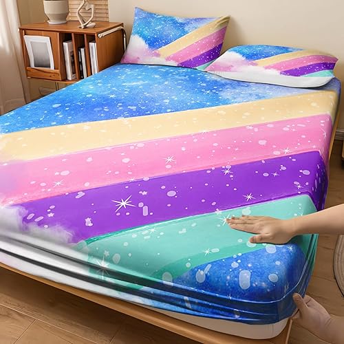 Miniatura 1 de Sábanas y fundas de almohada de microfibra suave arcoíris, sábana bajera ajustable con bolsillos profundos, sábana bajera ajustable para decoración