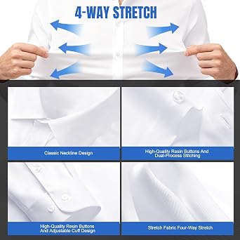 Okdance Mens White Long Sleeve Shirts 4-Way Stretch Wrinkle Free Long Sleeve Button Down Shirts Casual Business Office Shirt