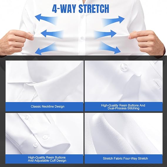 Okdance Mens White Long Sleeve Shirts 4-Way Stretch Wrinkle Free Long Sleeve Button Down Shirts Casual Business Office Shirt