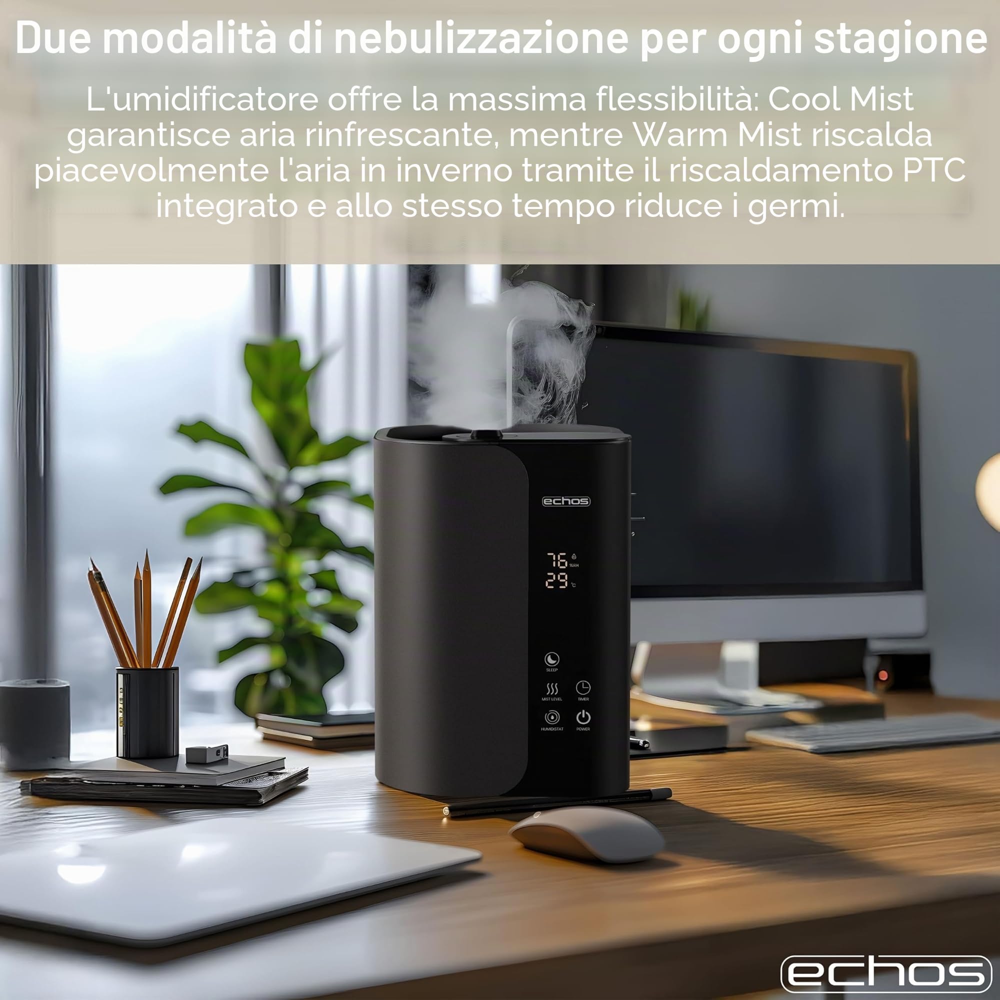 Steinborg - Umidificatore ad ultrasuoni, 5 litri, con nebulizzatore ad ultrasuoni, con telecomando, purificatore d'aria, igrometro, touch screen LED, ultra silenzioso, potente, 350 ml/h, scomparto di