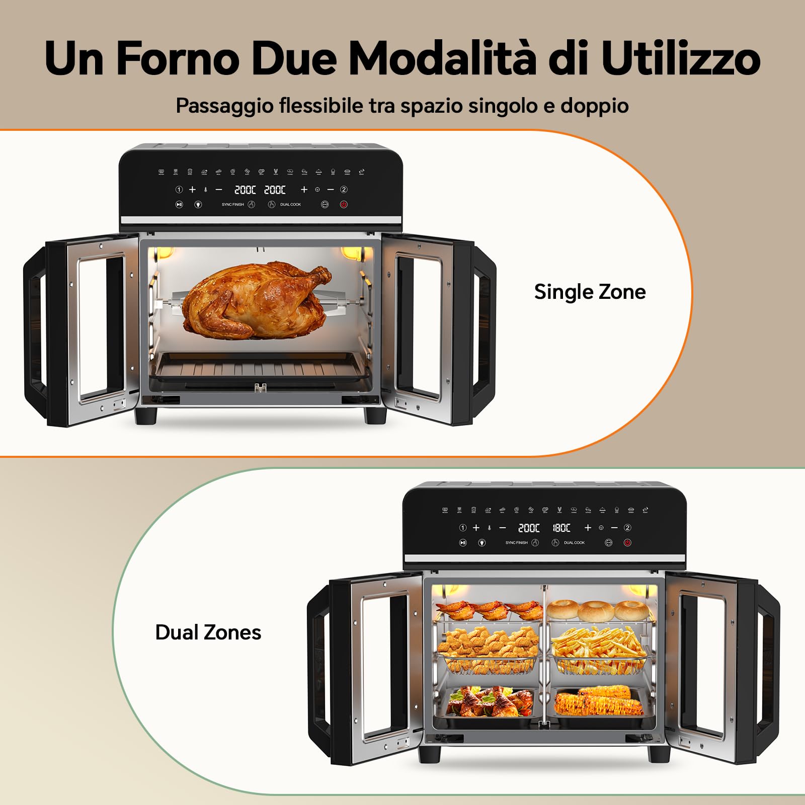 Friggitrice ad Aria 23L XXL Mini Forno con Porte alla Francese, 2600W Air Fryer Dual Zone con Smart-Touch, Sync Finish, 15 Programmi, Ricettario & 13 Accessori Inclusi, Metallo