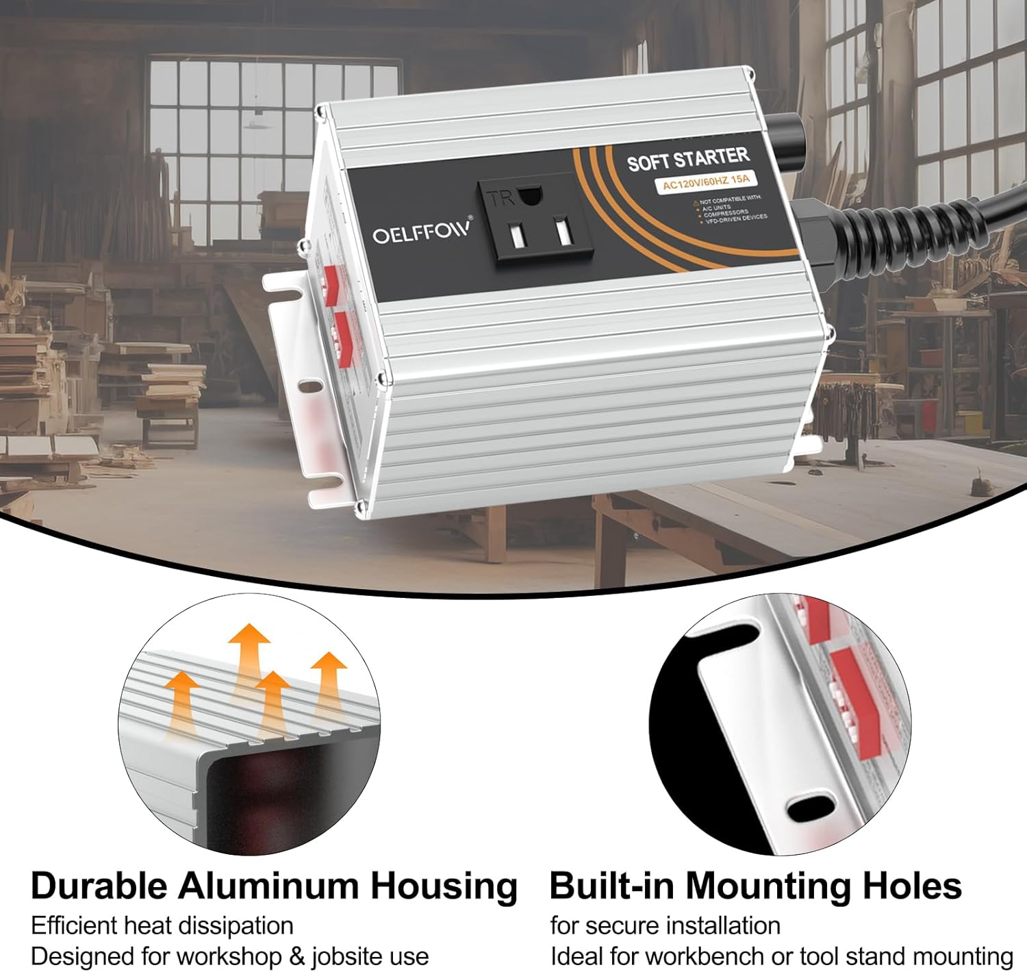 120V Soft Starter for Power Tools, 15A Universal Soft Start Controller for Miter Saw, Table Saw, Grinder, Router & Planer, Reduces Inrush Current