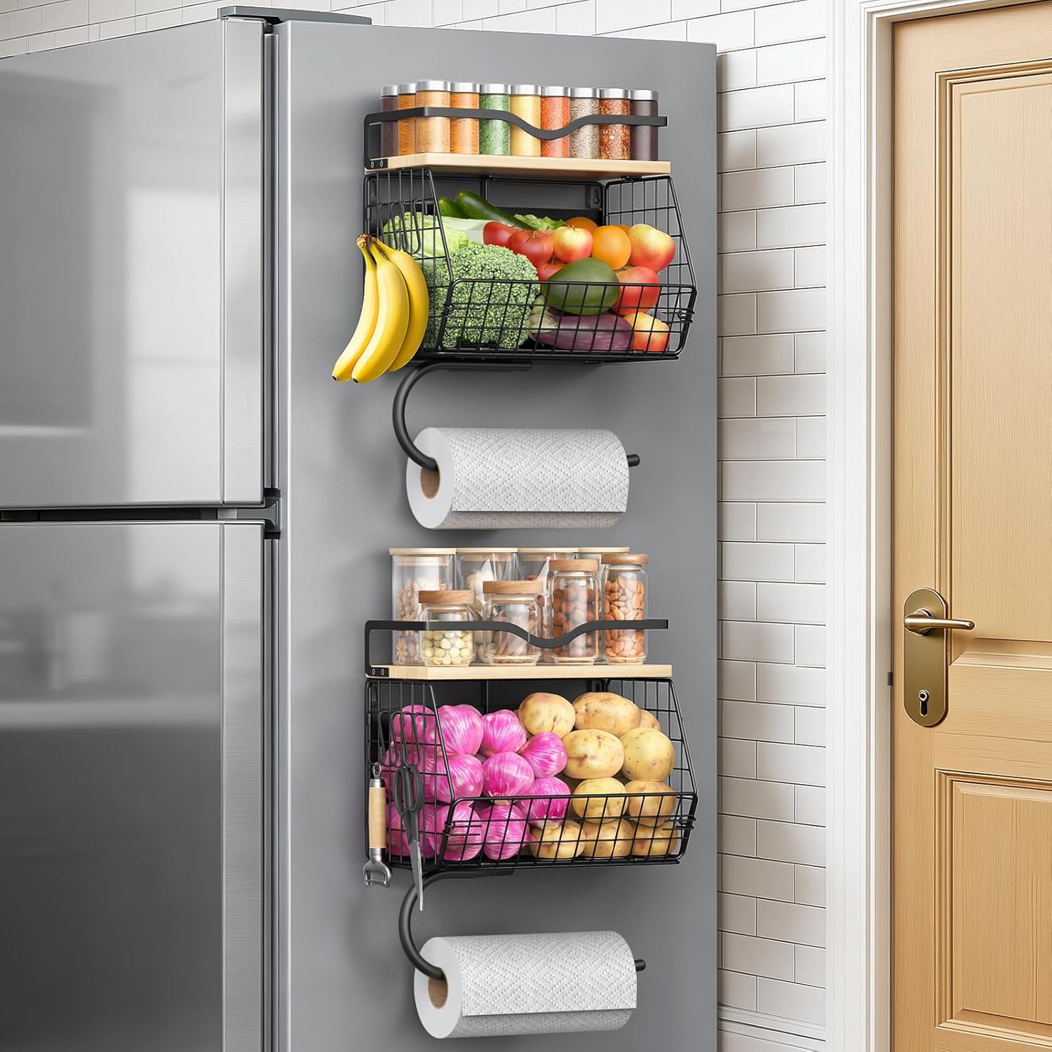 2 Pack Magnetic Shelf for Fridge with Wood Lid, Magnetic Spice Rack Organizer for Refrigerator, Fruit Potato and Onion Storage Bins with Paper Towel Holder for Kitchen Counter, Pantry