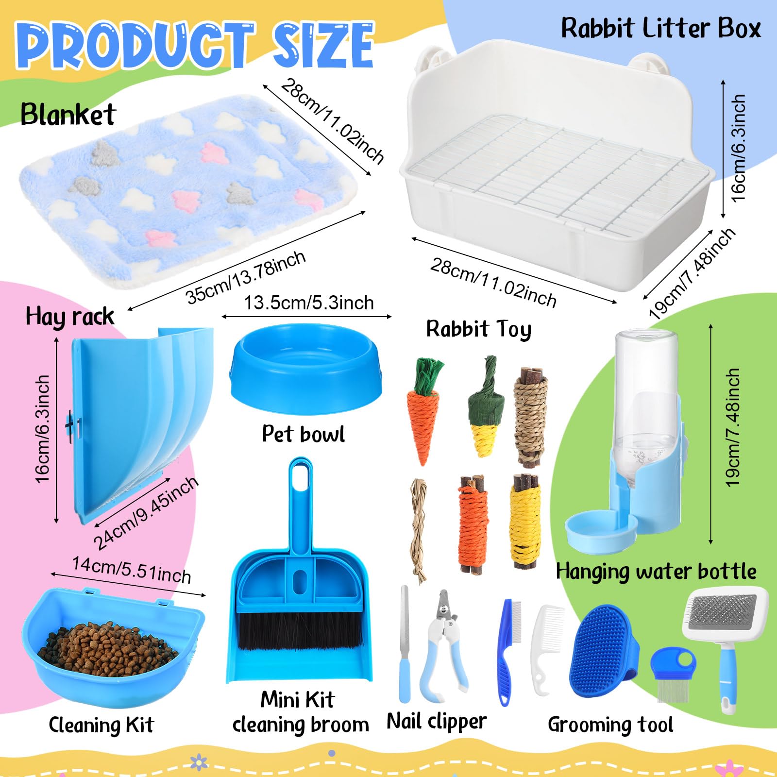Kit iniziale per lettiera per conigli, 20 pezzi, kit per la toelettatura degli animali domestici con ciotole appese e bottiglia d'acqua per piccoli animali, coperta in flanella con set di