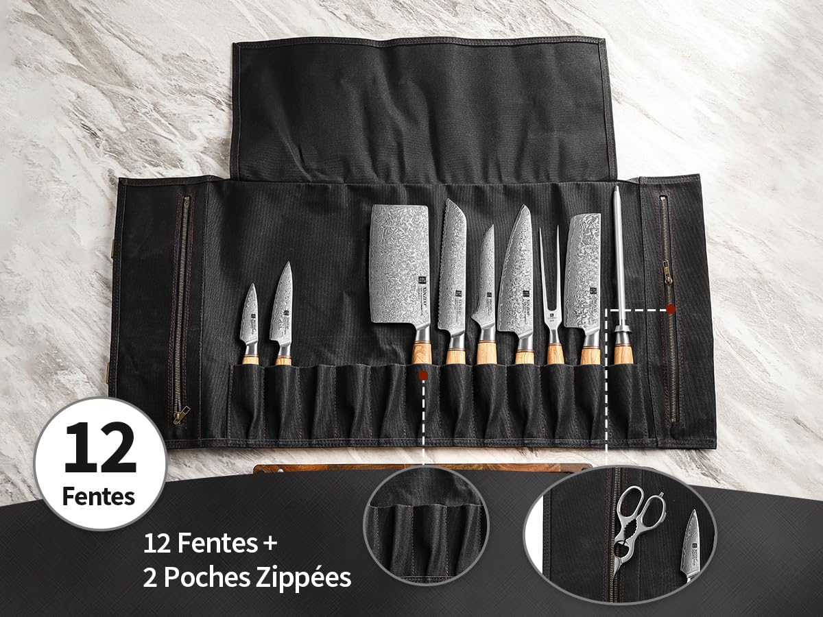 XINZUO Couteau de Chef Roll Sac Noir,12 Emplacements,Toile Cirée Imperméable 16oz et Cuir,Rouleau de Couteaux de Voyage pour Chef, Sac de Rangement Portable pour Couteaux de Cuisine (Pas de Couteau)