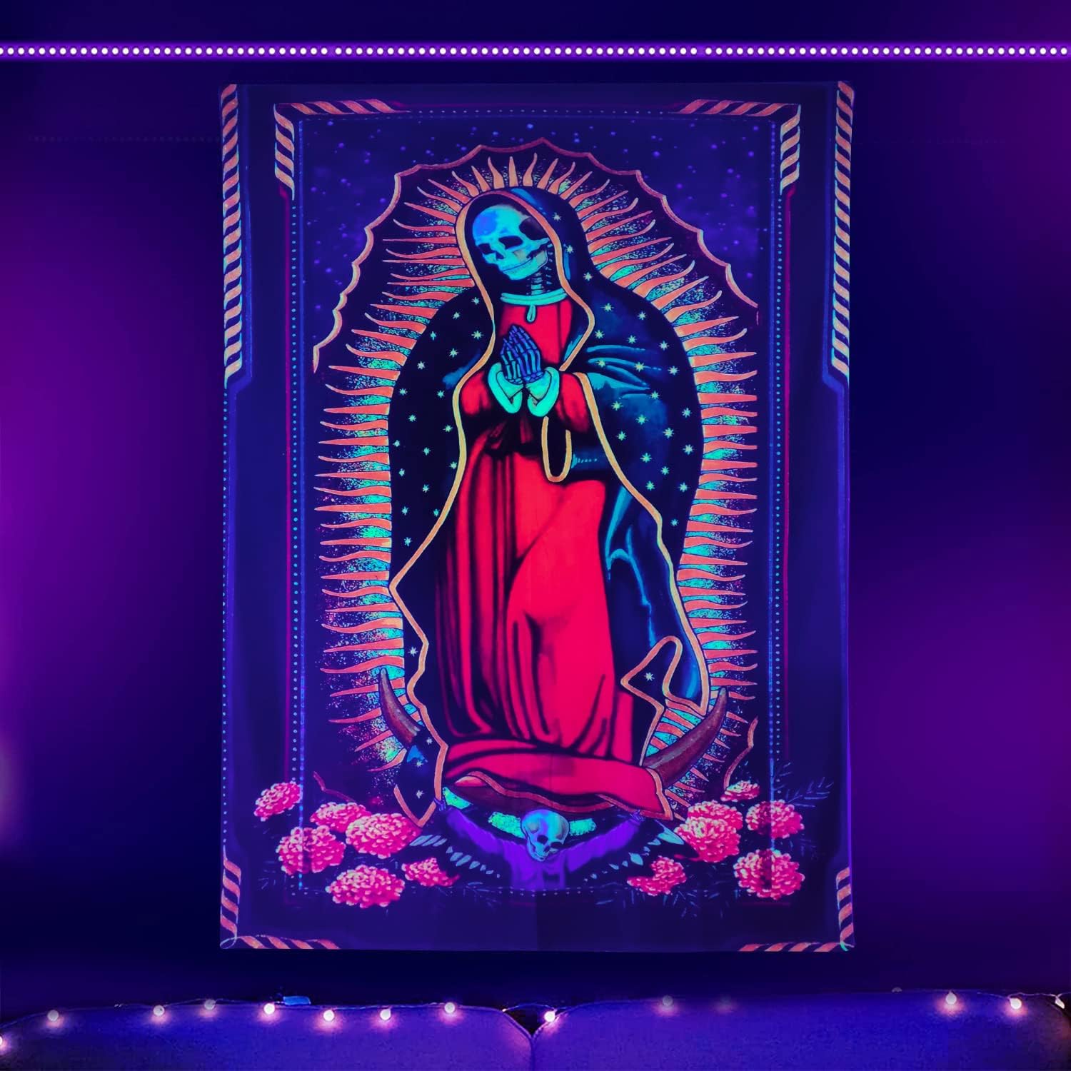 Blacklight Wizard Skull Tapestry 60x80in UV Reactive Wall Art for Bedroom, Living Room, Dormitory