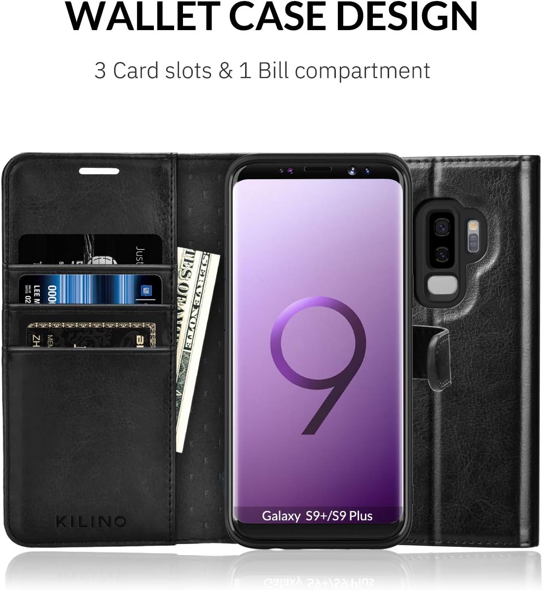 KILINO Galaxy S9 Plus Wallet Case [RFID Blocking] [PU Leather] [Shock-Absorbent Bumper] [Soft TPU] [Card Slots] [Kickstand] [Magnetic Closure] Flip Folio Cover for Samsung Galaxy S9+ (Black)