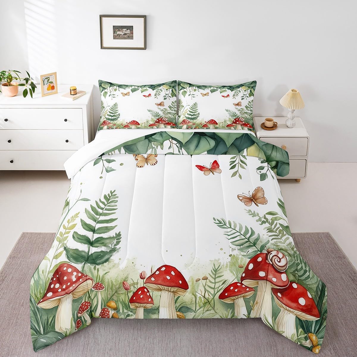 Erosebridal Mushroom Comforter Set Twin Size,Eucalyptus Green Leaf Bedding Set for Kids Girls Boys,Plant Botanical Quilt Bed Set Butterfly Rustic Country Bed Comforter Sets 2Pcs Room Decor