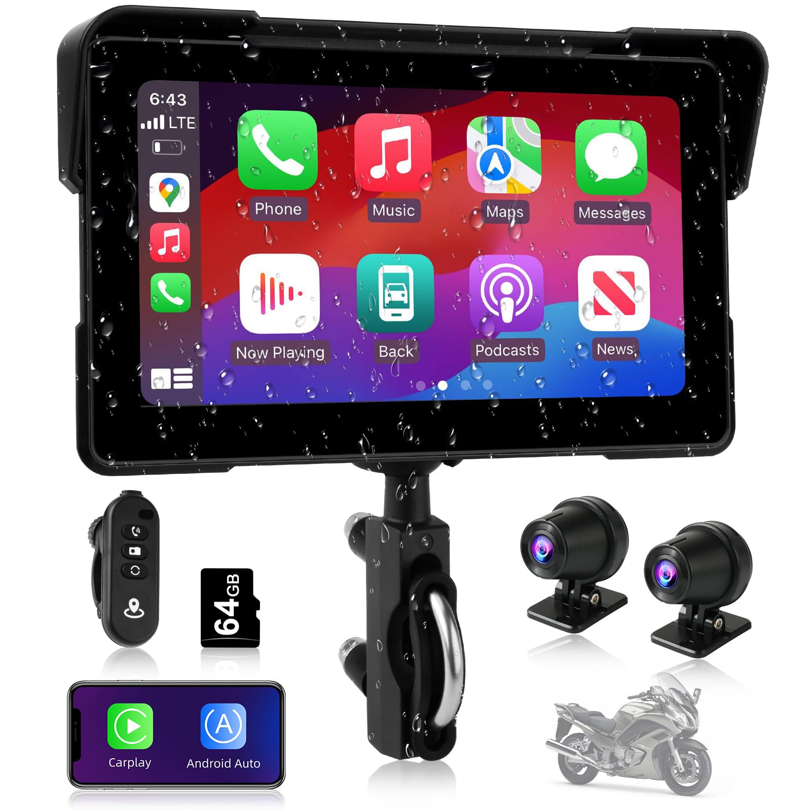 Jansite Moto Carplay Android Auto con cámara de salpicadero 2K delantera trasera, dispositivo de navegación de 7 pulgadas, IP67 resistente al agua, doble pantalla Bluetooth, grabación continua 64 G TF