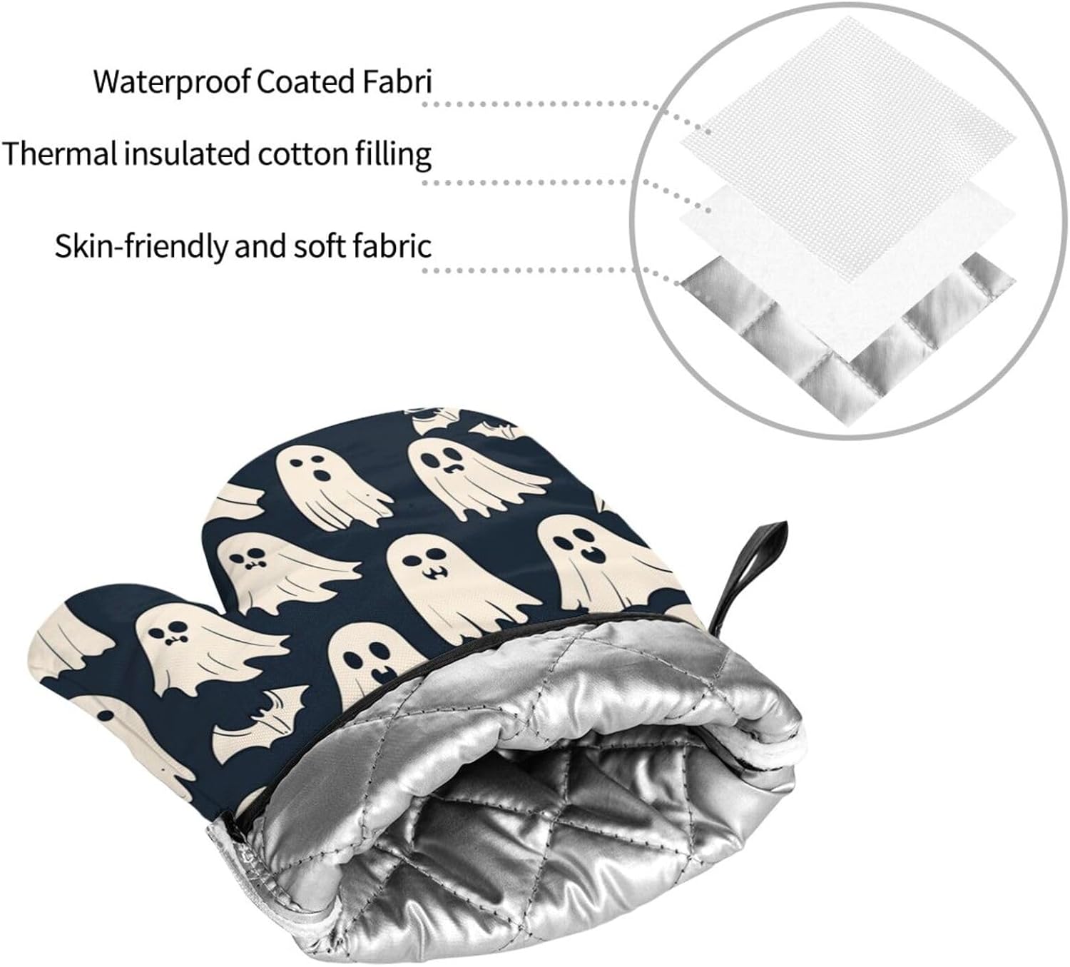 Oven Mitts and Pot Holders 4 Pcs Set, Spooky Ghosts Bats Halloween Holiday Heat Resistant BBQ Gloves Potholders Extra Thicken Long Kitchen Oven Glove for Cooking Baking Grilling