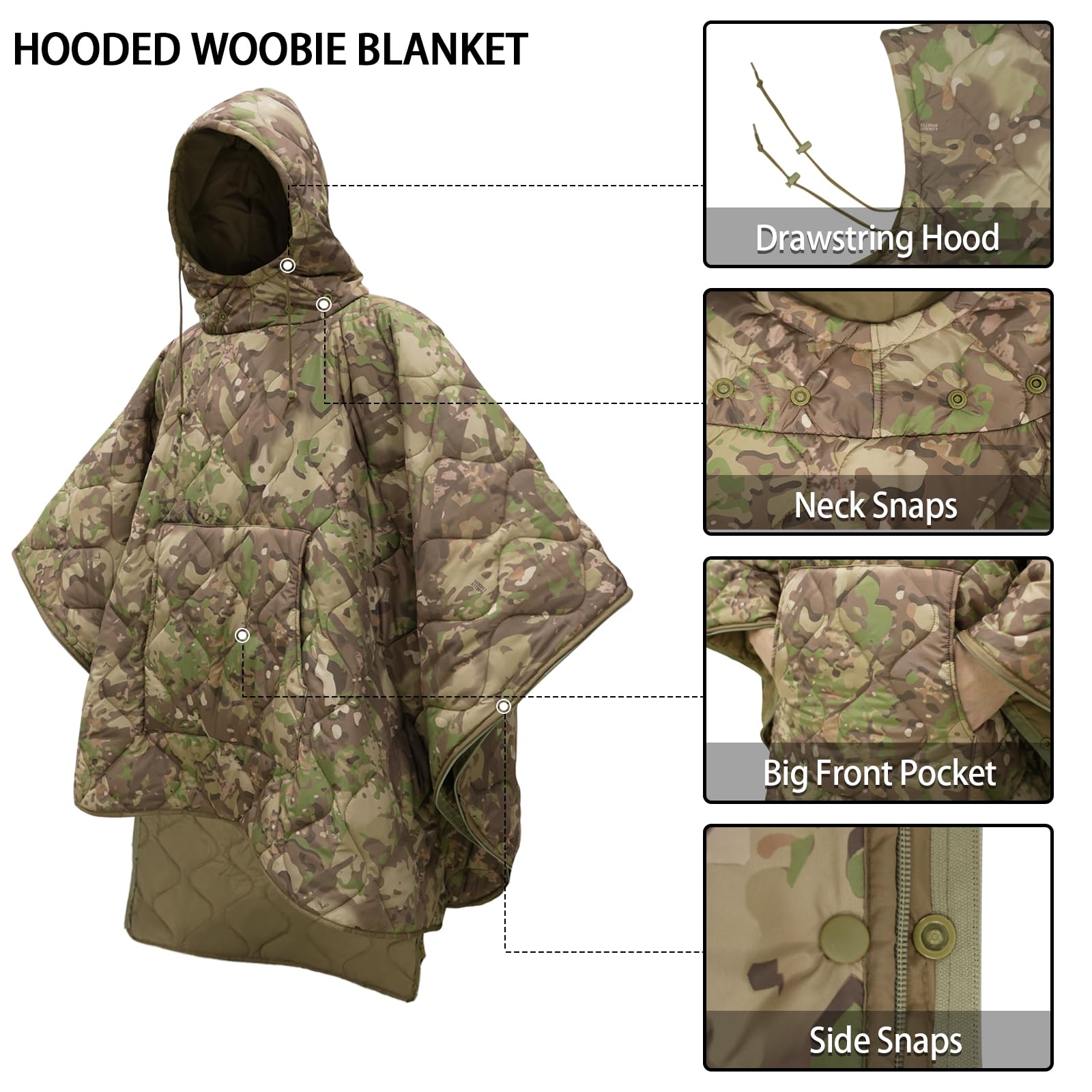 Amazon.com: Tongcamo Poncho Liner Hoodie with Pocket Insulated