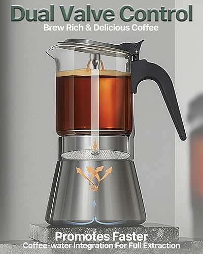 Miniatura 7 de Grasseed Olla moka con tapa de cristal, acero inoxidable cepillado, cafetera espresso para café italiano, 4 tazas5.4 fl oz5.6 onzas