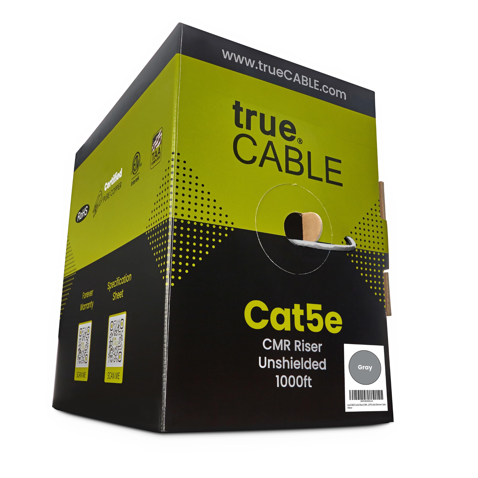 trueCABLE Cat5e Riser (CMR), 1000ft, Gray, 24AWG 4 Pair Solid Bare Copper, 350MHz, PoE++ (4PPoE), ETL Listed, Unshielded Twisted Pair (UTP), Bulk