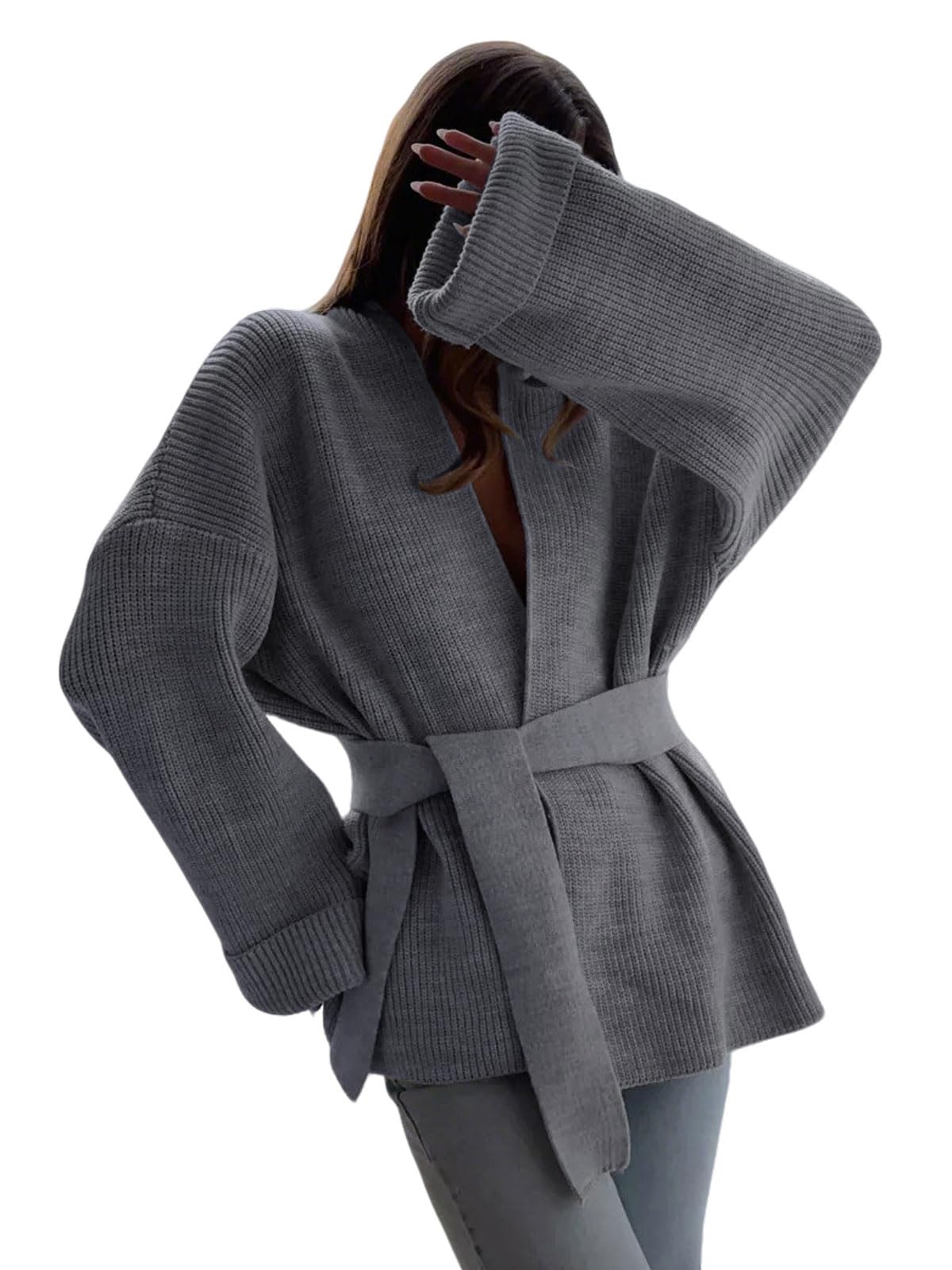 utcoco Womens Oversized Knit Cardigan Belted Wrap Sweater Long Sleeve Loose Fit Open Front Coat for Fall Winter