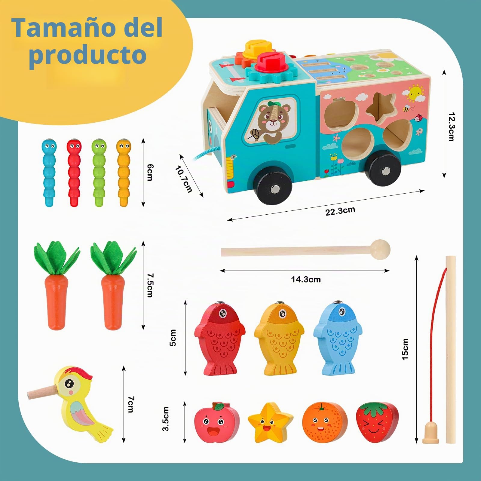 Juguetes Montessori de Madera para Niños 1 2 3 Años, Juguete Educativo 5 en 1 con Pesca, Zanahorias, Xilófono, Engranajes y Coche de Arrastre, Juego Sensorial de Aprendizaje y Regalo Infantil