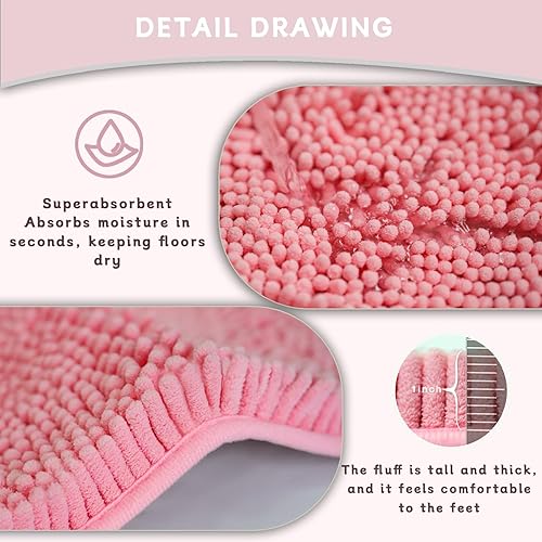 Miniatura 4 de Juego de 3 alfombras de baño de felpilla ultra suave, antideslizante y súper absorbente, parte inferior de PVC fuerte, lavable a máquina, color rosa