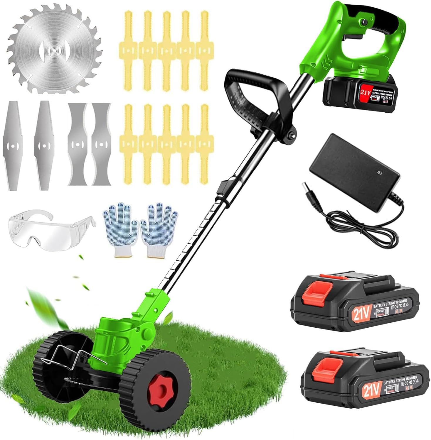 Cordless Weed Wacker 21V Stringless Weed Wacker Battery Powered Lightweight 3-in-1 Grass Trimmer/Brush Cutter/Edger with 2pcs Batteries&Wheel, 3Types Blades, for Lawn, Garden & Yard