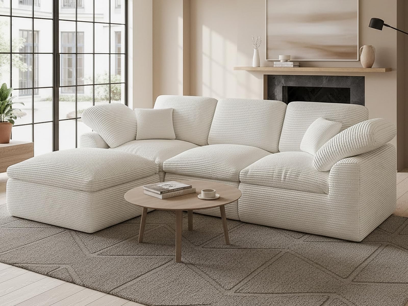 Cloud Sectional Couches for Living Room, 4 Seater Cloud Modular Couch, L Shaped Corduroy Sectional Sofas with Ottoman, Boneless Comfy Sofa for Apartment, No-Assembly, Cream (Ledt arm chairs only)