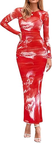 PRETTYGARDEN Fall Wedding Guest Dresses for Women 2025 Long Sleeve Ruched Sexy Bodycon Floral Mesh Cocktail Party Maxi Dress