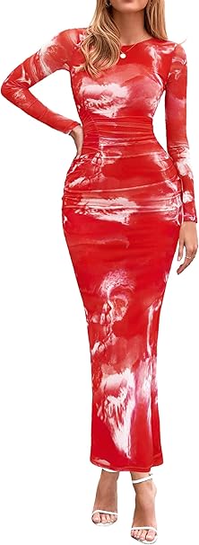 PRETTYGARDEN Fall Wedding Guest Dresses for Women 2025 Long Sleeve Ruched Sexy Bodycon Floral Mesh Cocktail Party Maxi Dress