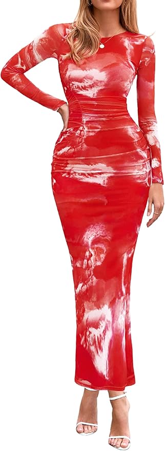 PRETTYGARDEN Fall Wedding Guest Dresses for Women 2025 Long Sleeve Ruched Sexy Bodycon Floral Mesh Cocktail Party Maxi Dress