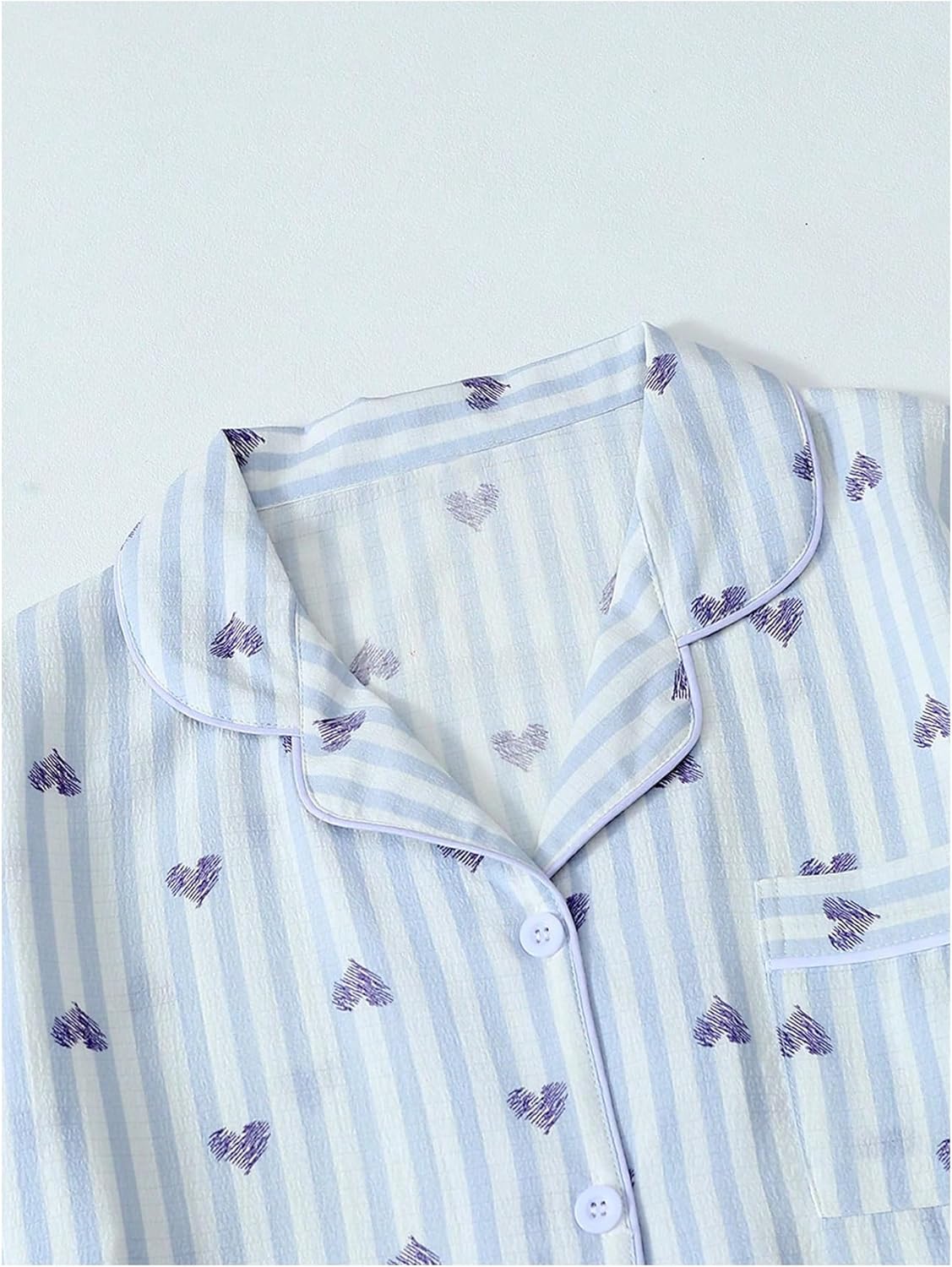OYOANGLE Women's Striped Heart Print Pajama Set 2 Piece Button Down Sleepwear Short Sleeve Shirt and Shorts Pjs Sets - Image 3