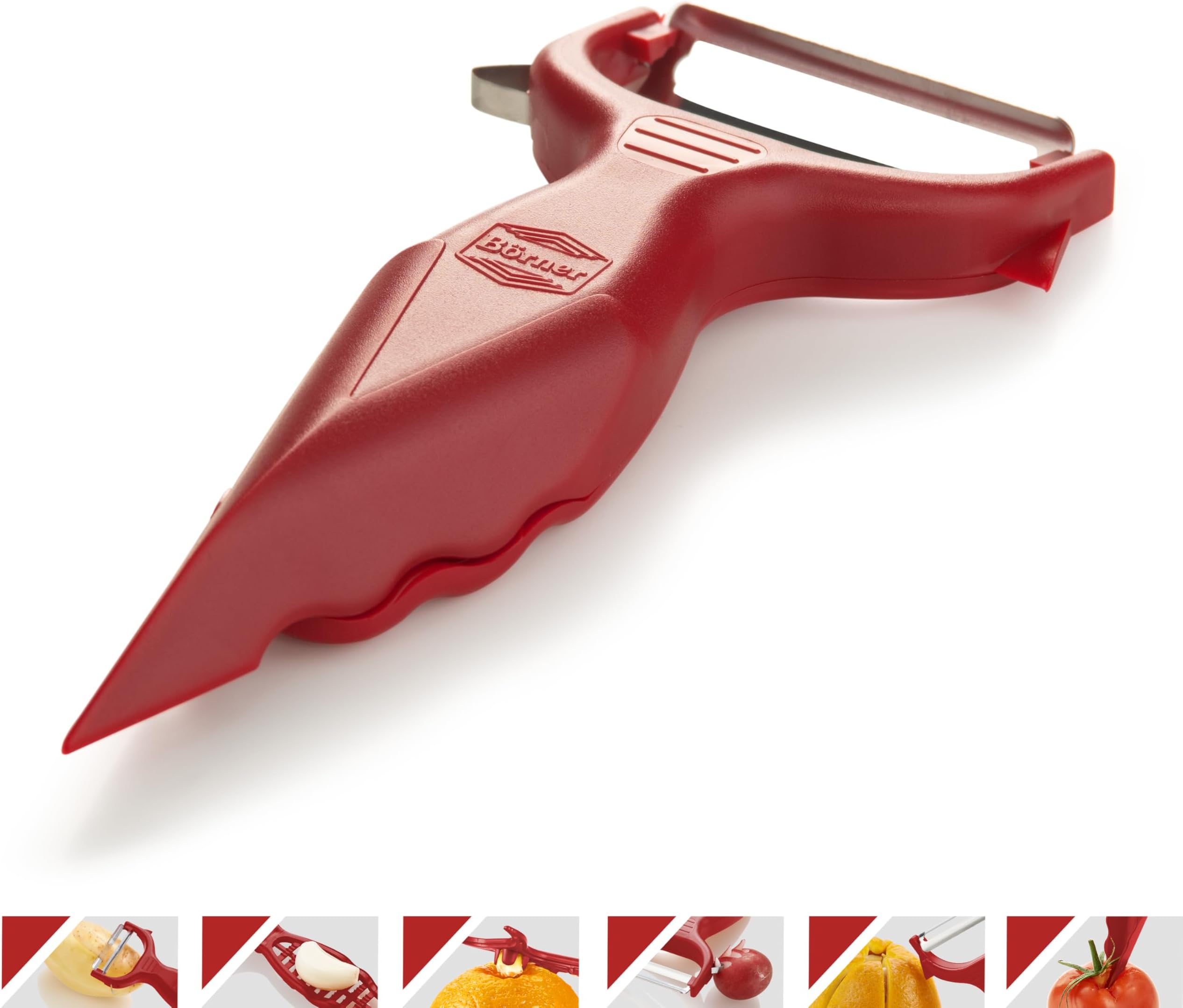 Vegetable Peeler (Red) • 6 in 1 Garnish Peeler with Grater • Multifunctional Peeler for Fruit & Vegetables • Peeler ideal as a fruit peeler, universal peeler, potato peeler, etc.