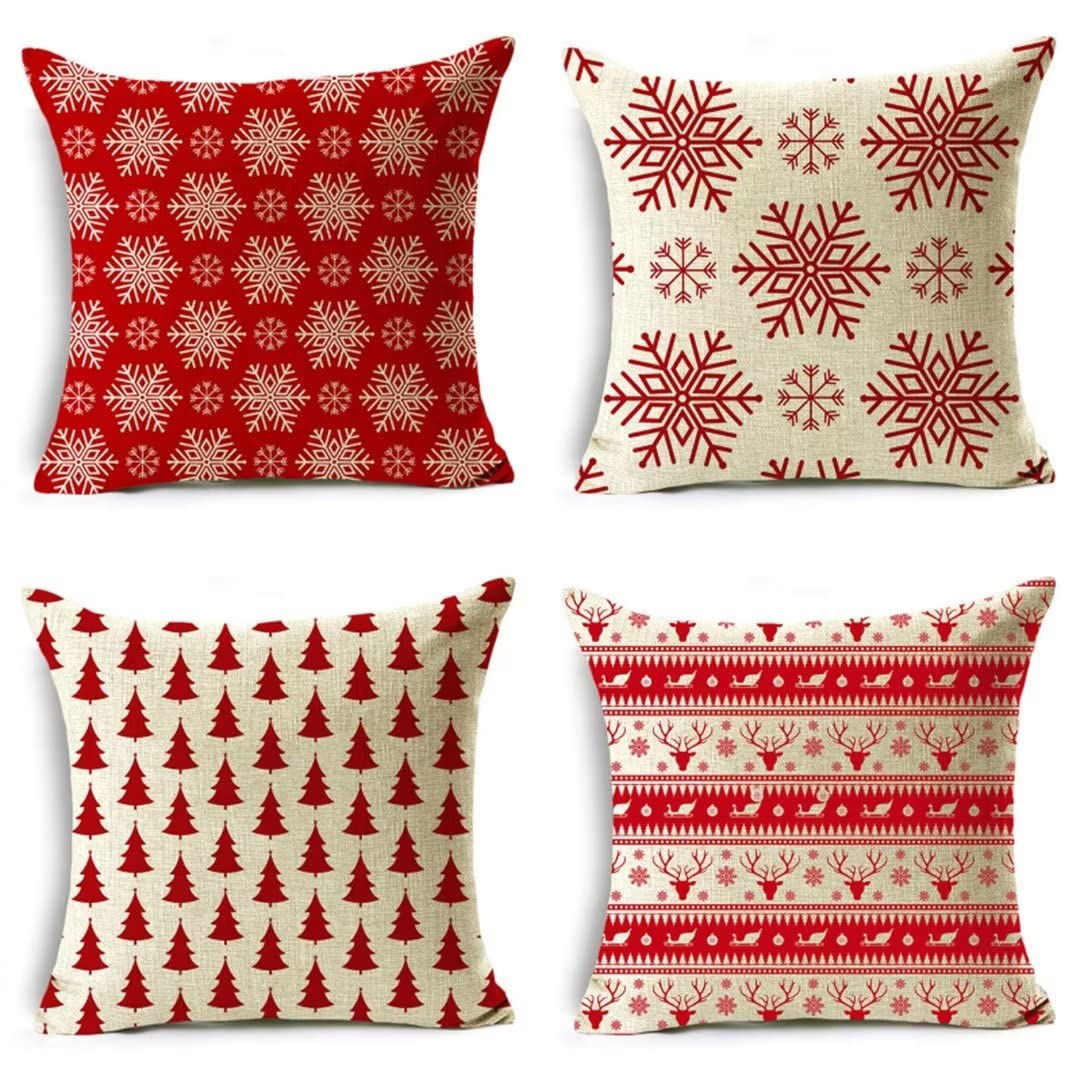 Housse de coussin rouge de Noël 40x40cm taie oreiller lin canapé salon lot de 4