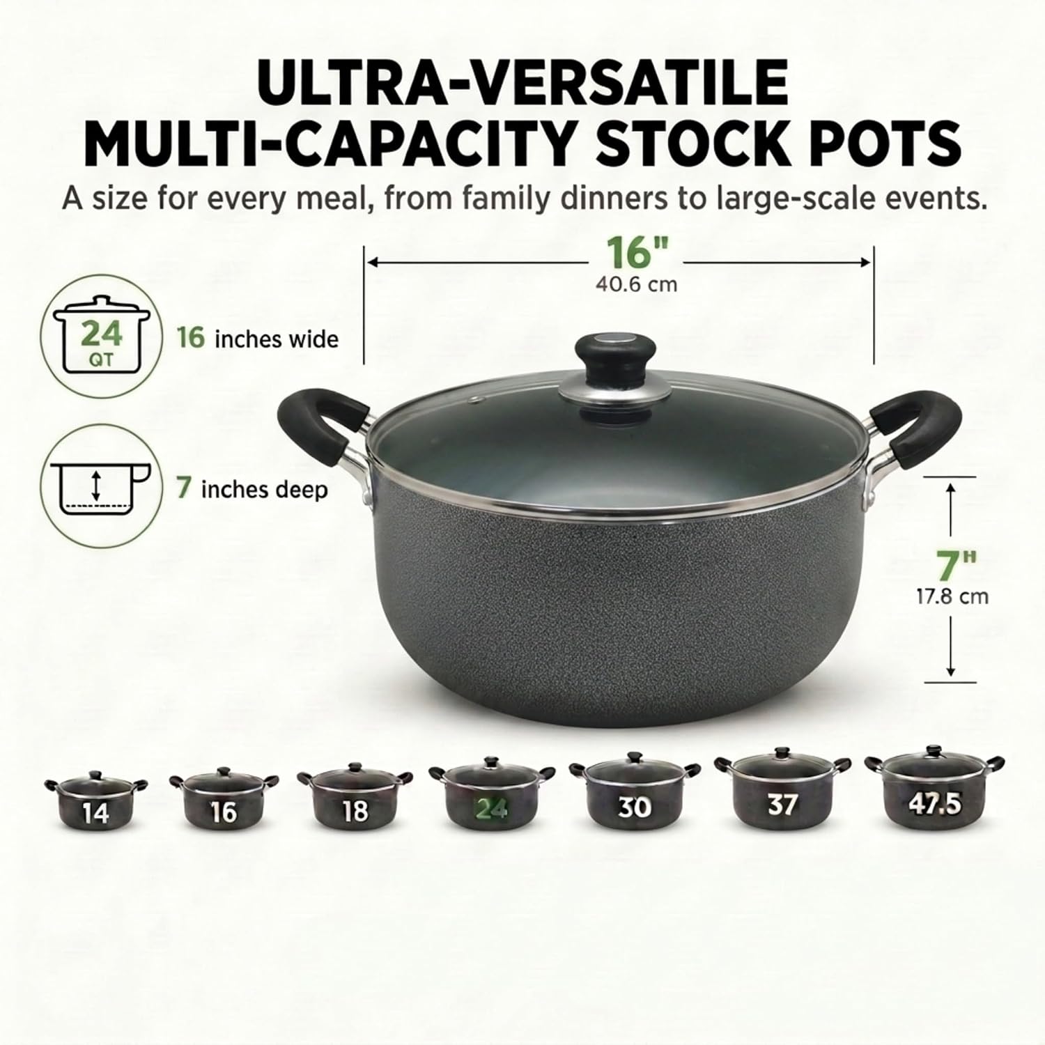 American Dream 24QT Sauce Pot with Glass Lid | Heavy-Duty Aluminum Stock Pot for Soups, Stews, Pasta & Seafood | Dutch Oven Style Cooking Pot with Stay-Cool Handles | Easy-Clean, PFOA-Free Cookware
