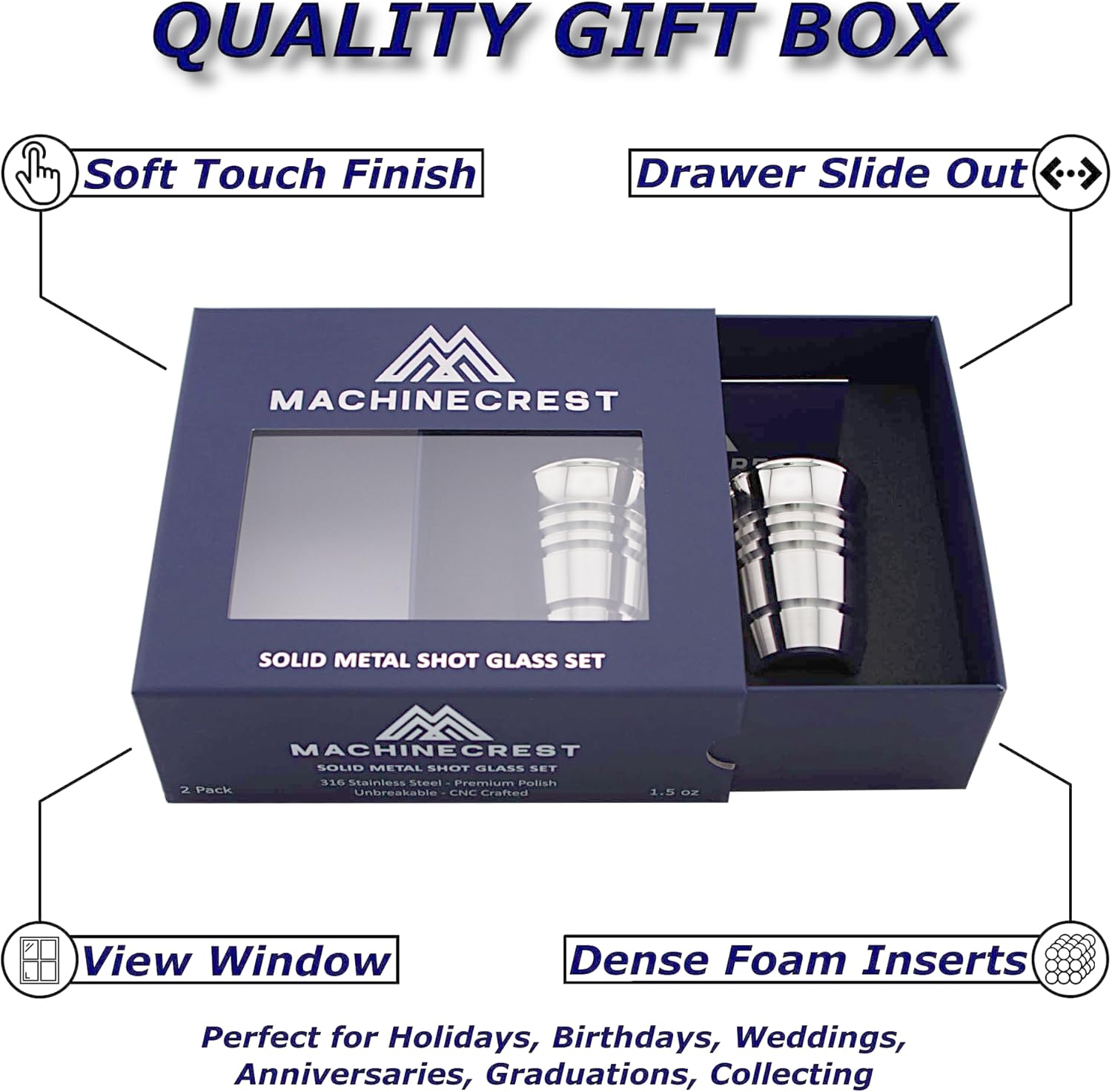 Luxury Stainless Steel Shot Glass Set – 2 Pack Premium 316 Solid Metal Barware with High-End Gift Box – Forever Shot Glasses for Gifting