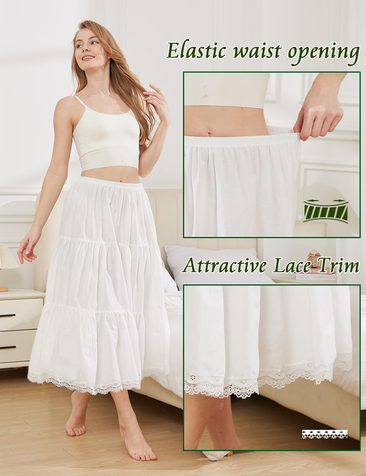 BEAUTELICATE Falda Mujer Algodón Larga Corta Combinación Enaguas para Vestido Boda Antiestática Negro Marfil con Encaje Dobladillo