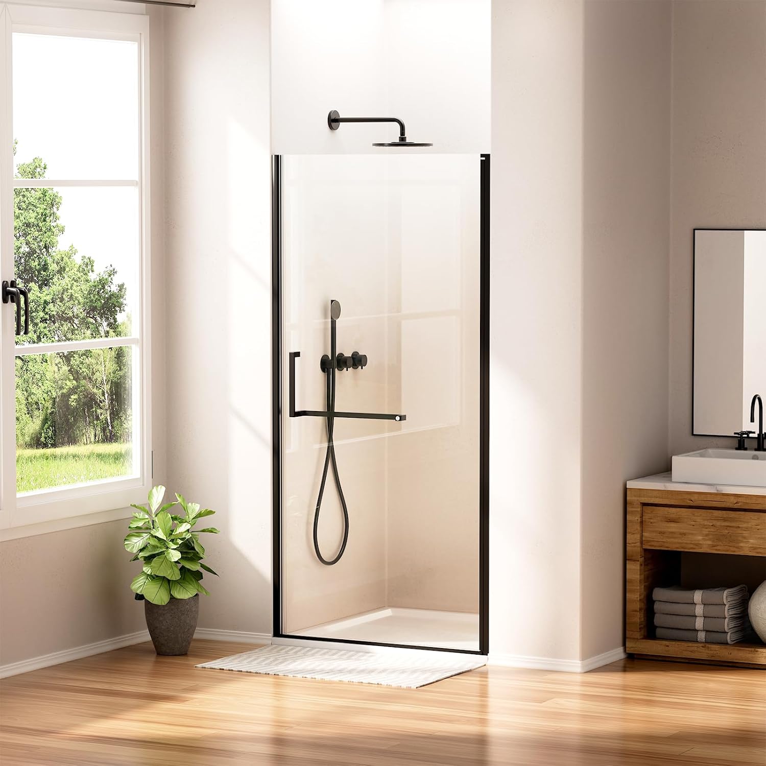 WinZo 35-36" W ×72" H Frameless Pivot Shower Door, Pivot Swing Shower Glass Doors with 1/4"(6mm) SGCC Clear Tempered Glass,Explosion-Proof Film, Reversible Installation, Matte Black