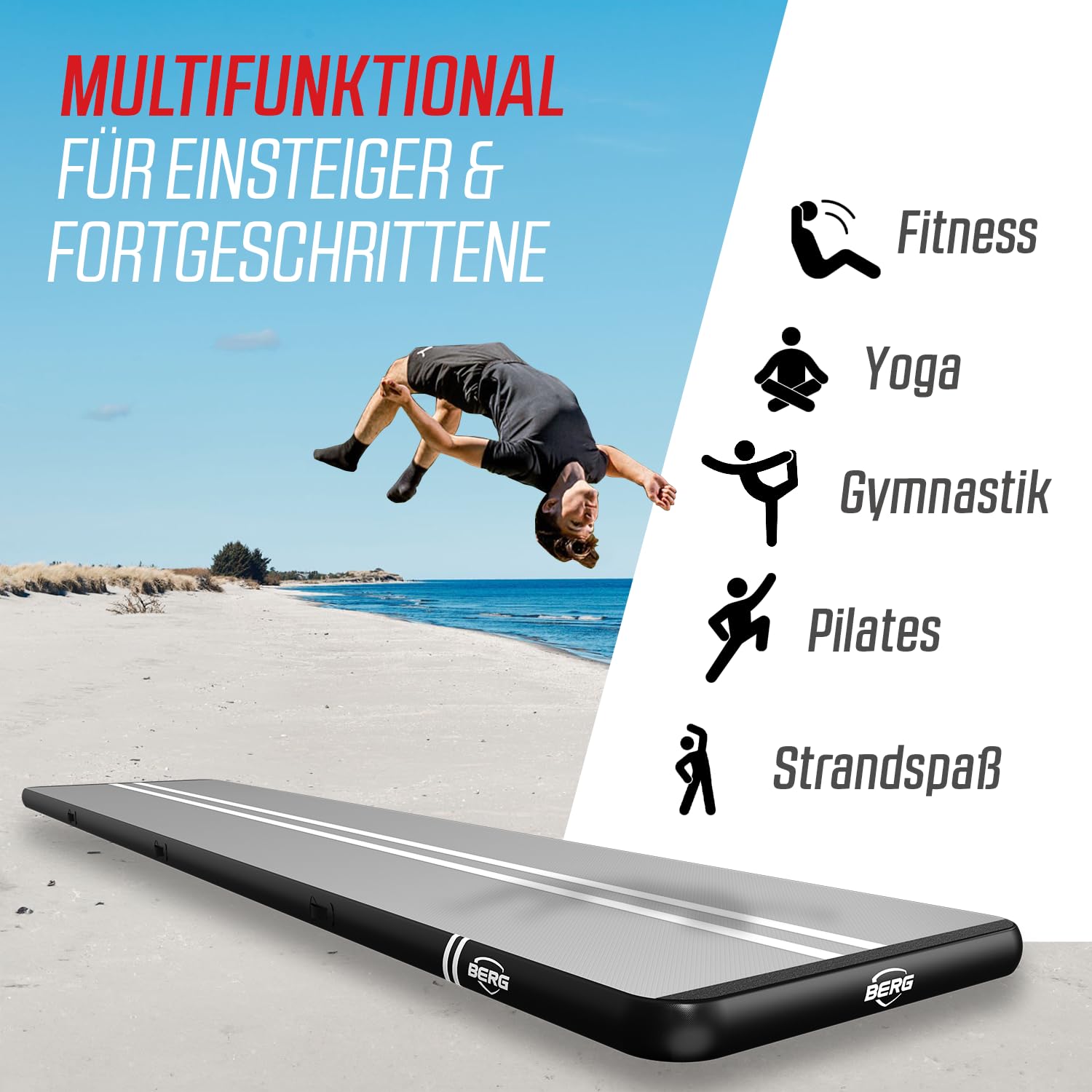 BERG AirTrack Home | Mit Elektrischer Luftpumpe und Tasche | Yogamatte | Tumblingmatte | Verschiedene Größe | Schwarz/Grau