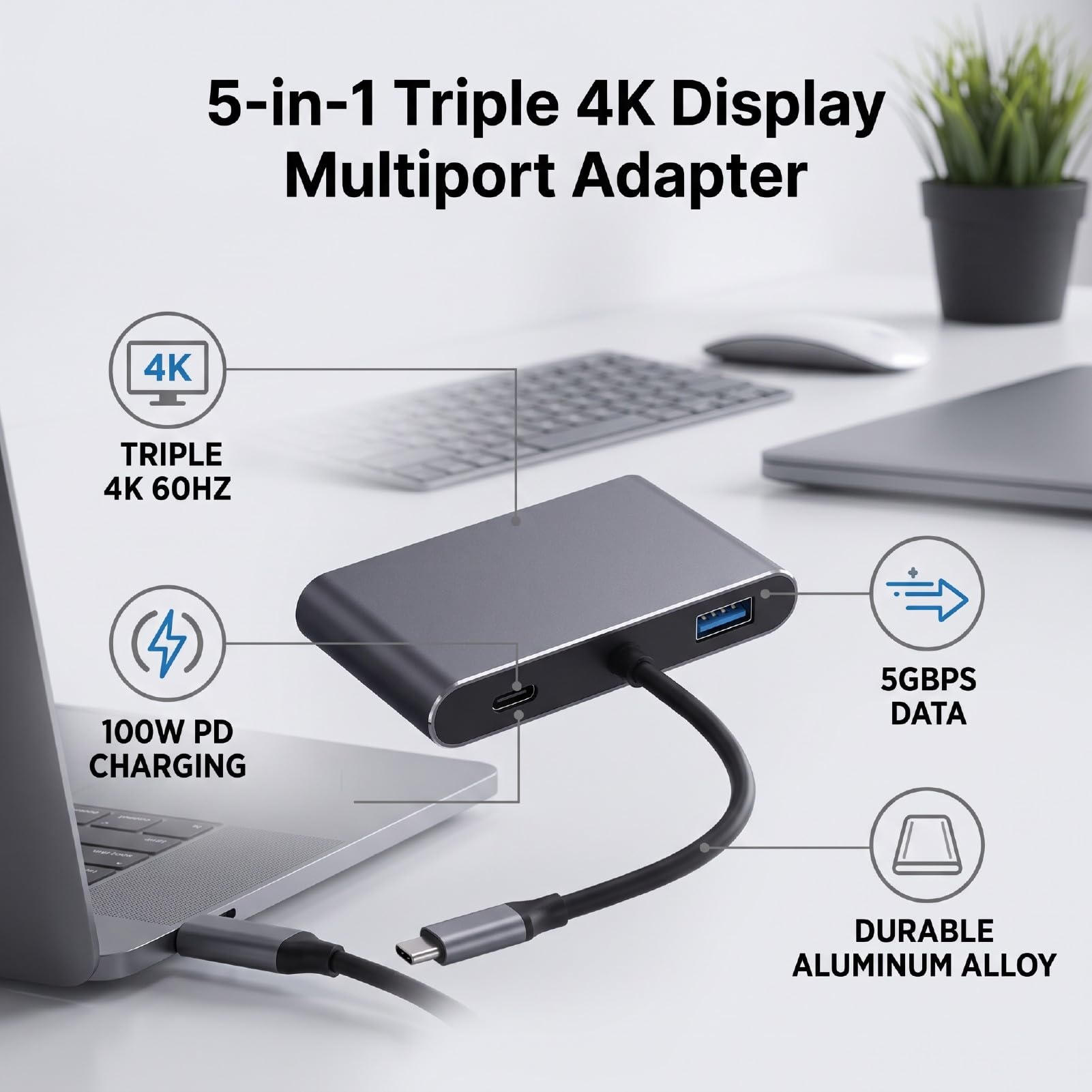 Jectse Hub USB C 5 in 1 Adattatore con Triplo Display 4K 60Hz