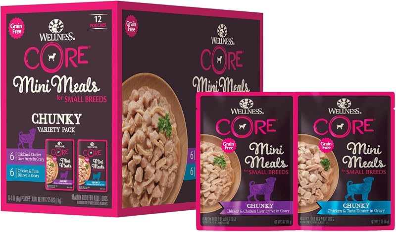 Wellness CORE Small Breed Mini Meals Chunky Variety Pack alimento húmedo para perros adultos, sin granos, natural, 3 oz, paquete de 12