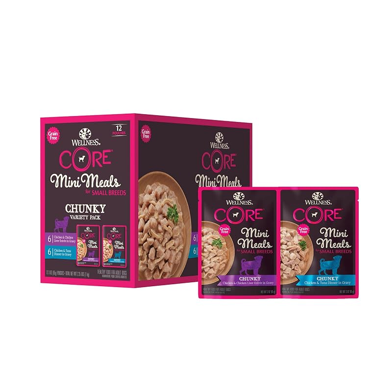 Ração úmida para cães adultos de pequeno porte Wellness CORE, sem grãos, sabores frango e atum, 12 sachês de 85 g