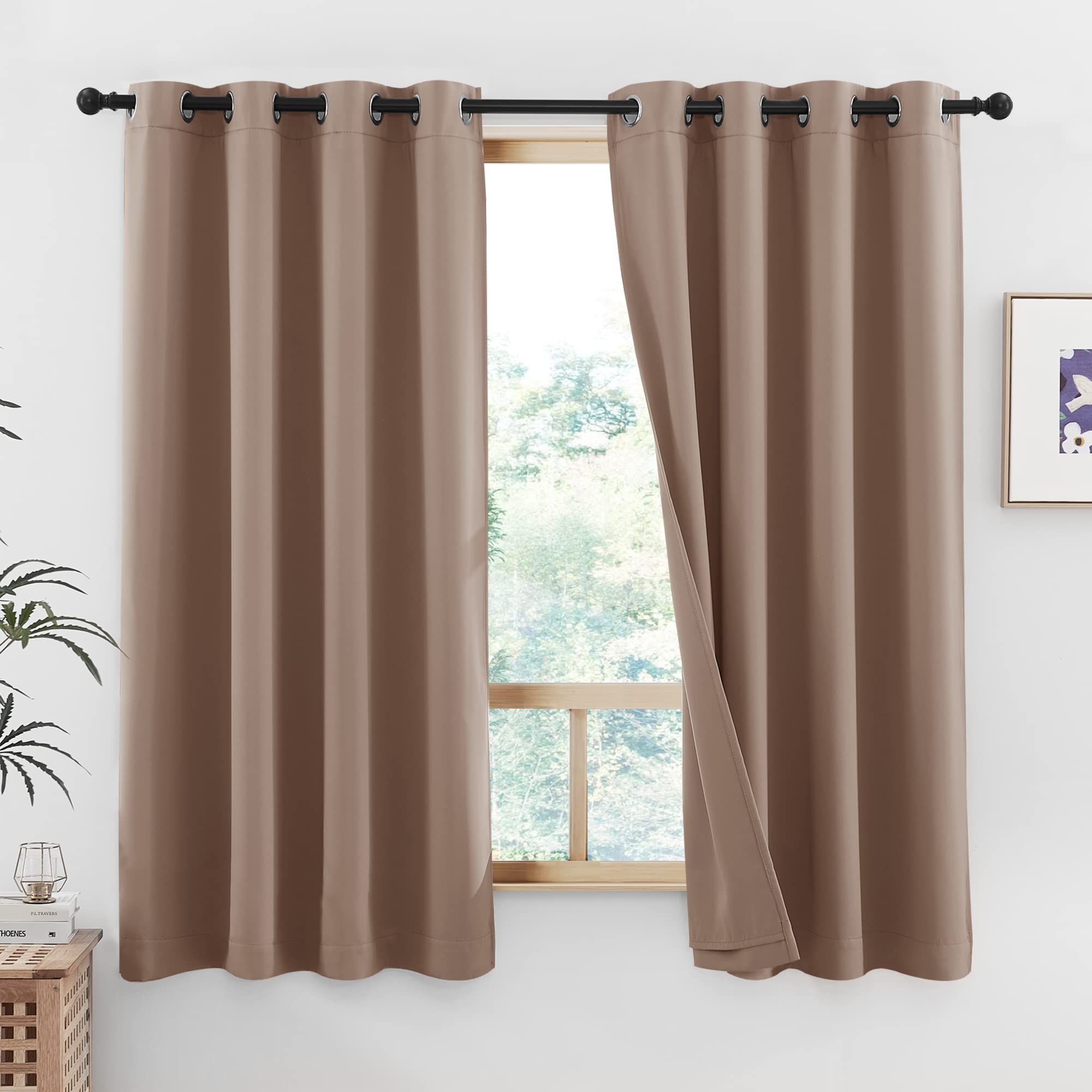 NICETOWN Bedroom Cold Reducing Full Blackout Curtain Panels, Super Thick Insulated Window Covers, 100% Blackout Blinds with Same Color Liner for Small Window(Tan, Set of 2 PCs, 52 by 45-inch)