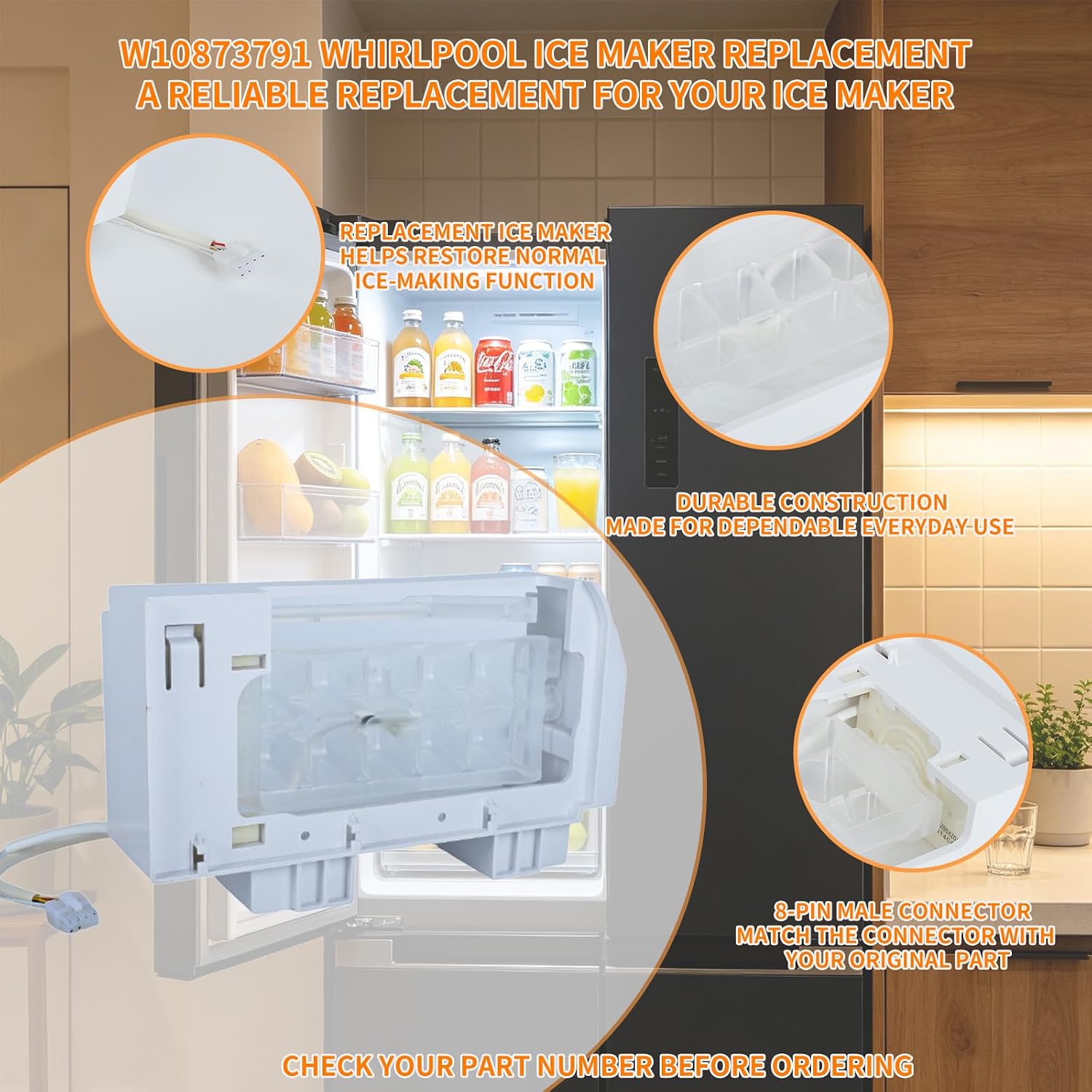 Upgraded W10873791 Refrigerator Ice Maker Assembly, Replacement for W10760070, W10798411, W10847507, W11130444, W11646278, AP6026347, PS11738120, Fits Whirlpool Side‑by‑Side Refrigerators