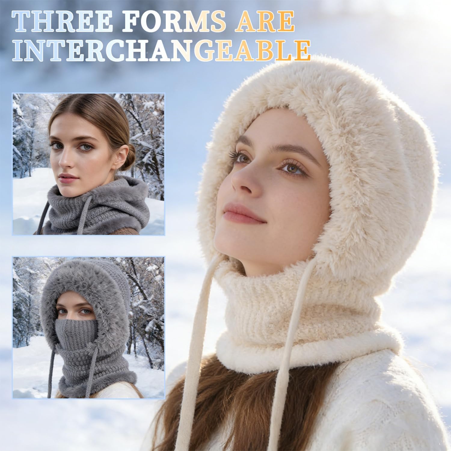 3 in 1 Beanie Hat for Women,3 in 1 Beanie Hat with Scarf and Mask,Cold Knitted Hats Wind Resistant Hooded Scarf