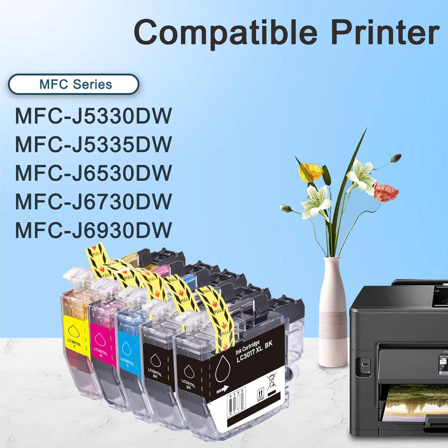 LC3017 XL Ink Cartridges High Yield 5-Pack (Includes 1 Each LC3017C, LC3017M, LC3017Y and 2LC3017BK) - Replacement for Brother LC3017 Ink Cartridges use for MFC-J5330DW MFC-J6530DW MFC-J6730DW Printer