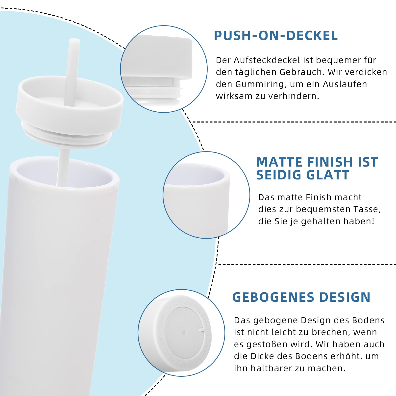 Volhoply 600 ml Trinkbecher mit Deckel und Strohhalm Zehnerpack,20oz Doppelwandiger Wiederverwendbar Reisebecher Kinder,BPA-freier Matte Pastellfarben Acryl-Plastikbecher für Geschenk(Weiß,10 Stück)