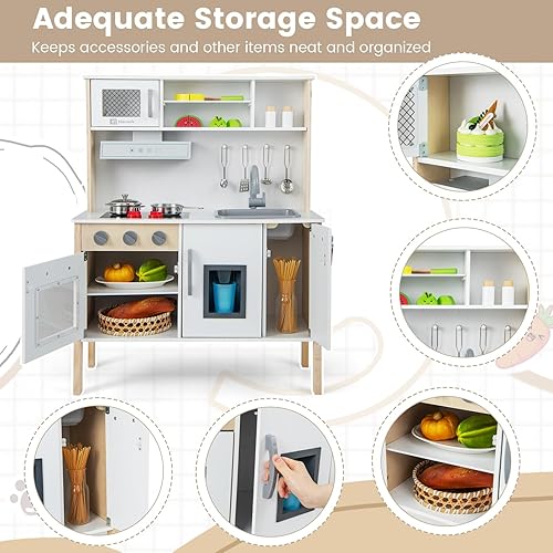 Miniatura 4 de HONEY JOY Juego de cocina para niños, cocina de madera para niños pequeños, microondas, campana extractora, máquina de hielo, 18 accesorios de