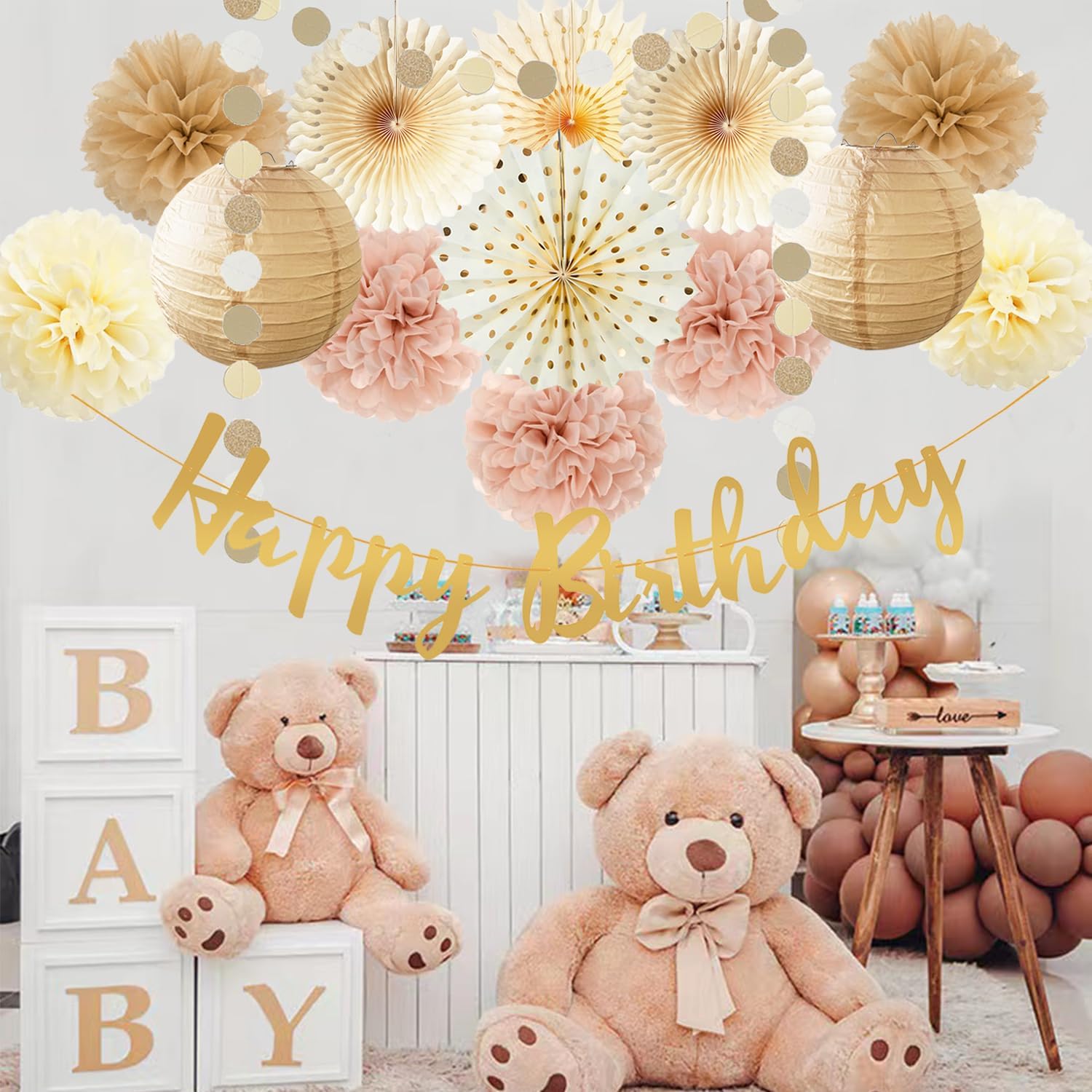 Champagne Gold Beige Birthday Decorations for Women Girls, Dusty Pink Party Decorations Cream Tissue Pom Poms Fans, Paper Lanterns, Anniversary Baby Shower Fall Boho Birthday Party Decoration