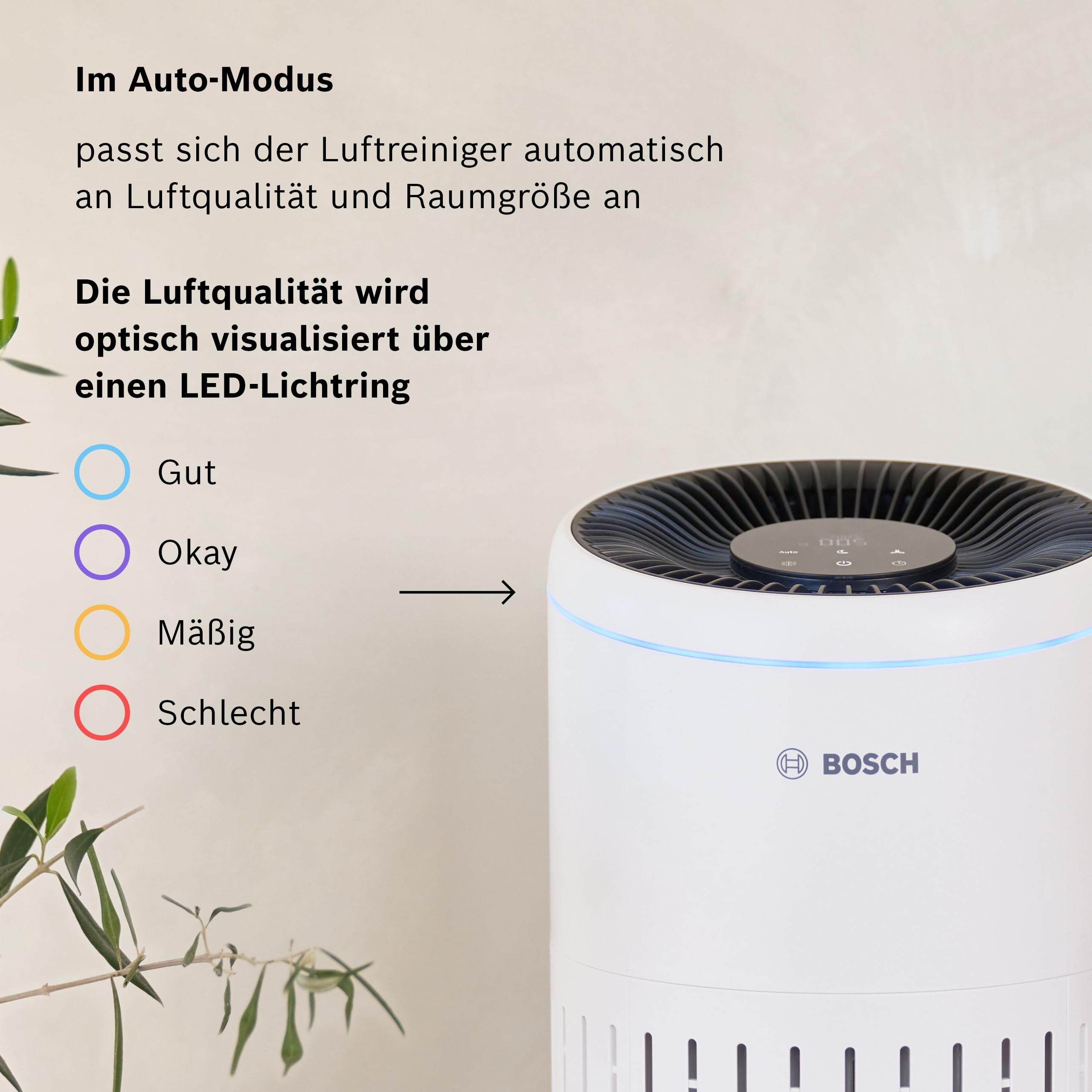 Bosch Air 2000 Luftreiniger - Für Räume bis zu 37,5 m² - Entfernt effizient Schadstoffe - Mit 3-in-1 Luftfilter, Smart Sensor, Automatikmodus, Ruhemodus (< 25 dB(A)) - CADR: 180 m³/h