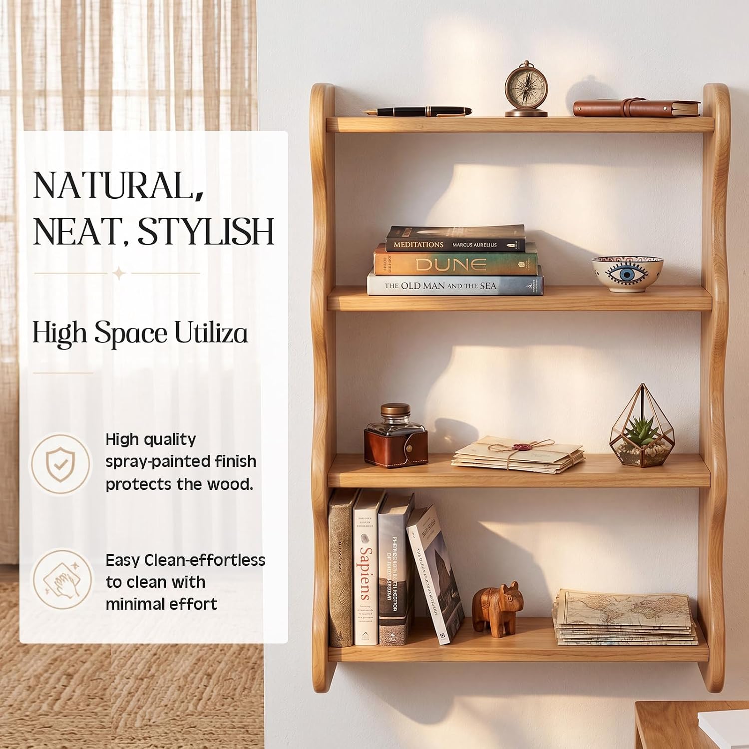 Nuanchu 100% Solid Wood Wall Shelf 4-Tier Rustic Cloud Floating Shelves Wall Mounted Storage Rack Farmhouse Decor Display Vintage Shelves for Living Room Bedroom and Apartment